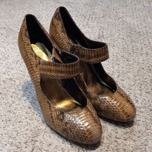 SAKS FIFTH AVENUE KOTIE camel animal print leather sole 9.5M sandal heels, $240